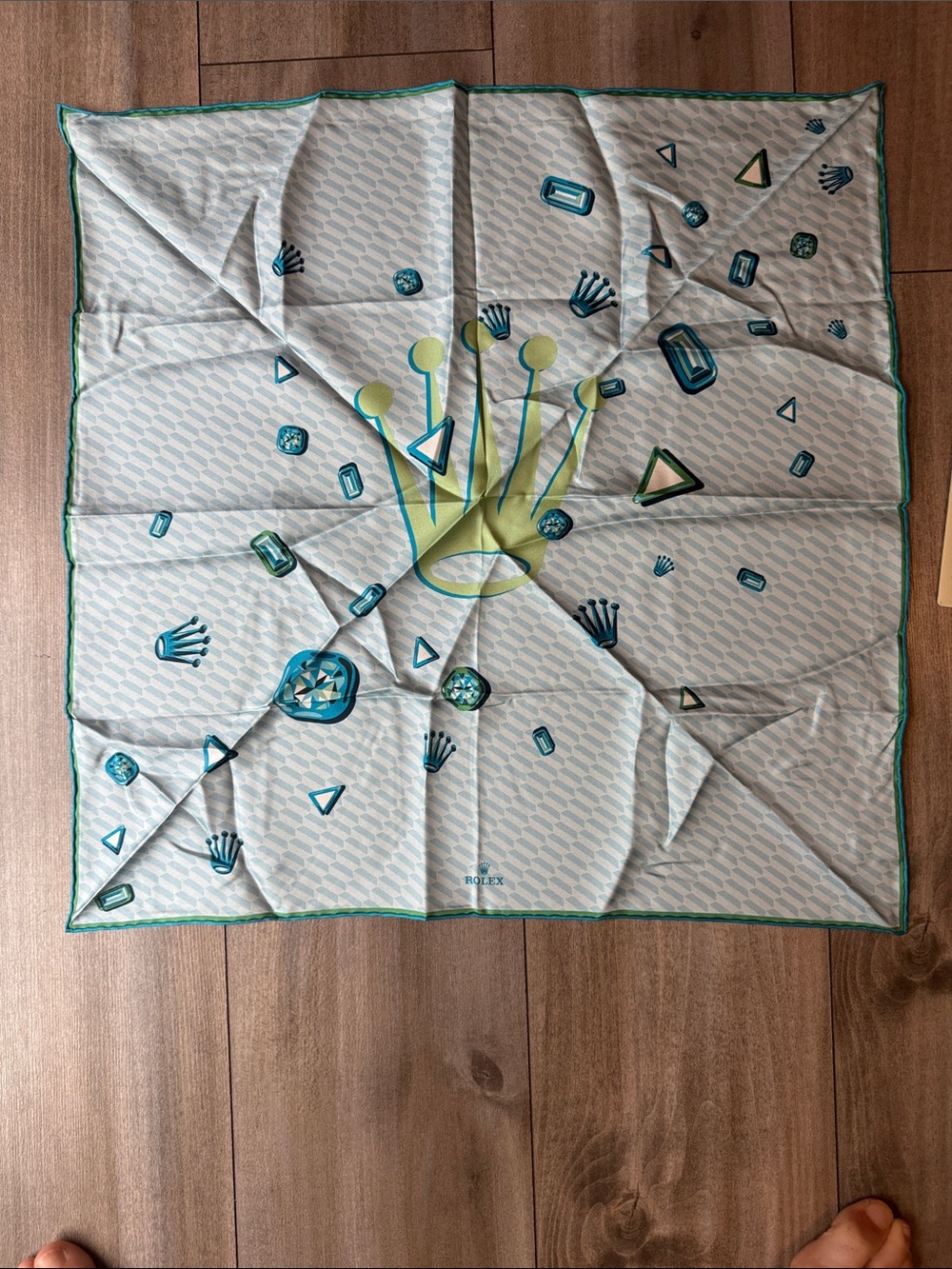 Rolex Silk Scarf in light blue, Green & Teal with Crown Motif - 100% silk